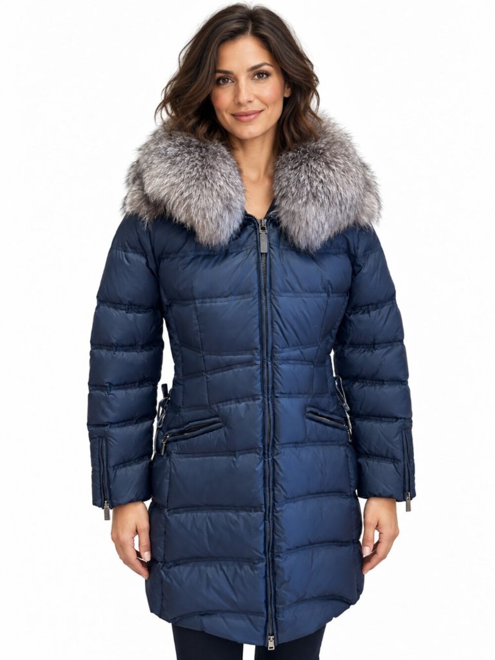 Dawn Levy Cloe Womens Blue Down Puffer Coat Real Fox Fur Hood Large L NWT